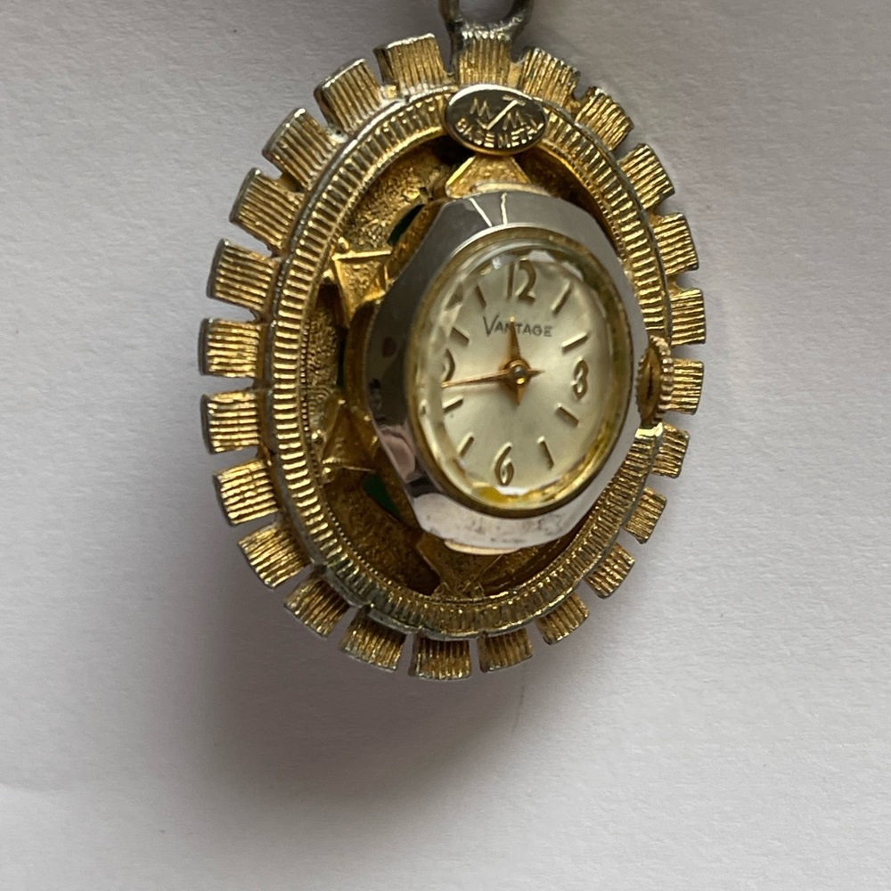 Vintage Vantage Watch Pendant Gold Tone Setting Rose Blue Green Facet Glass - Picture 4 of 7